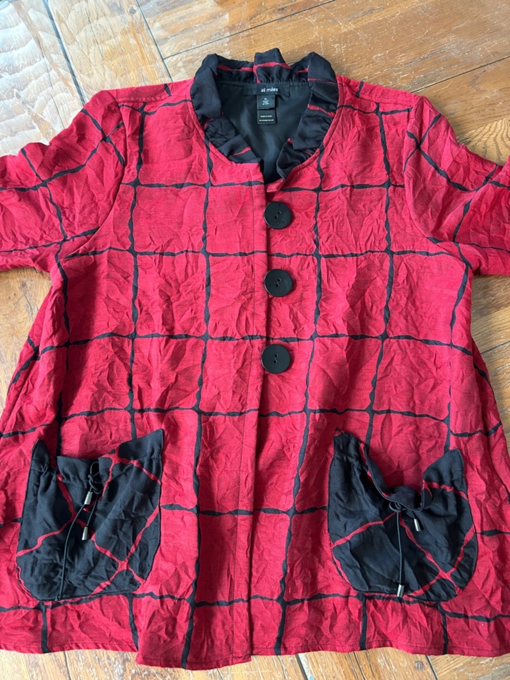 Ali Miles Red & Black Grid Button Front Blouse